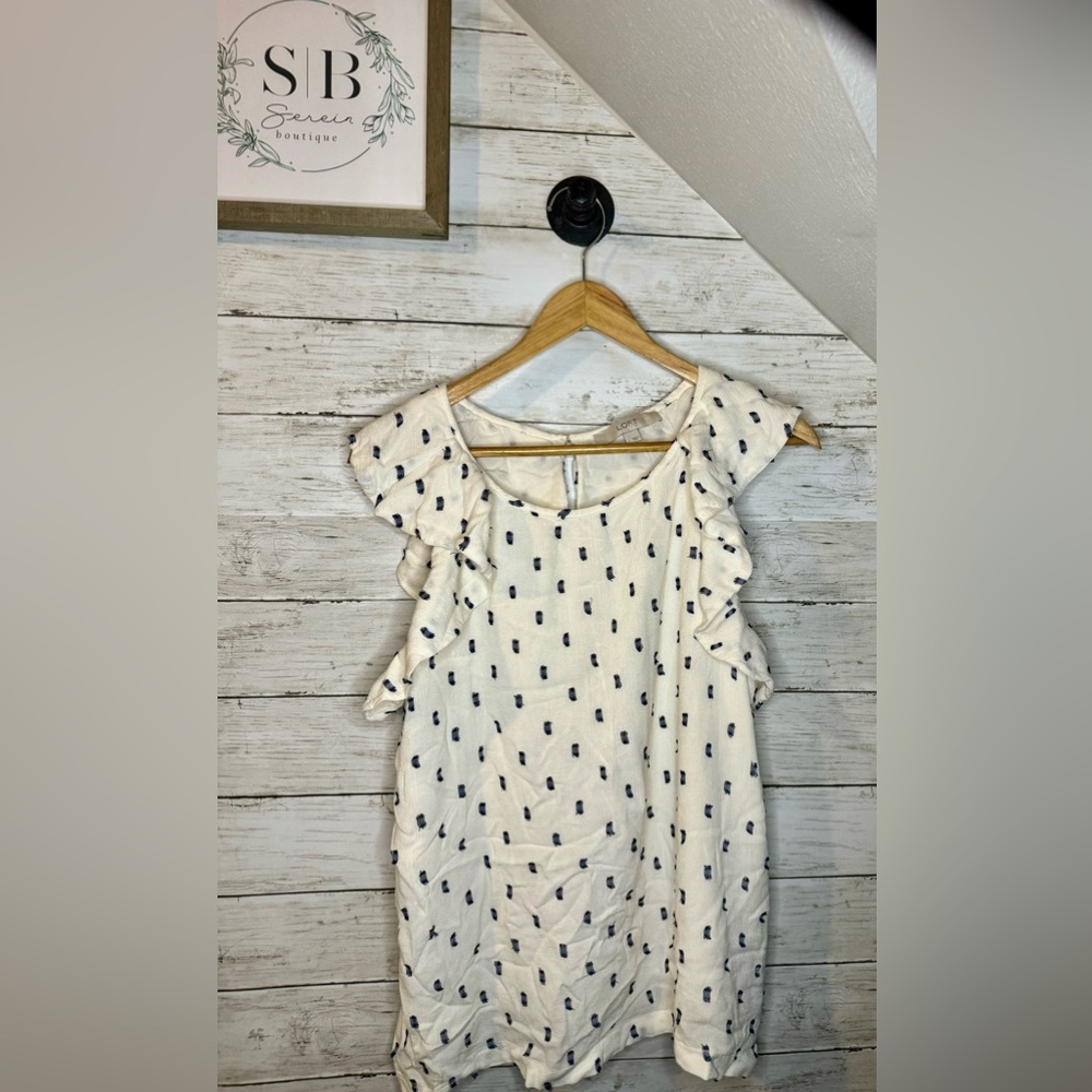 Ann Taylor Loft white ruffle sleeve business tank with blue accents and button